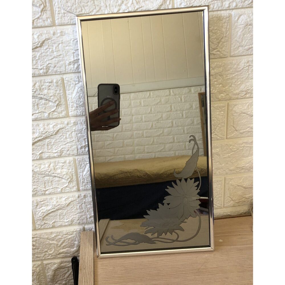 Vtg 1984 Dupe Etched Floral Glass Mirror 16x8 Flowers Retro Art Deco MCM Accent
